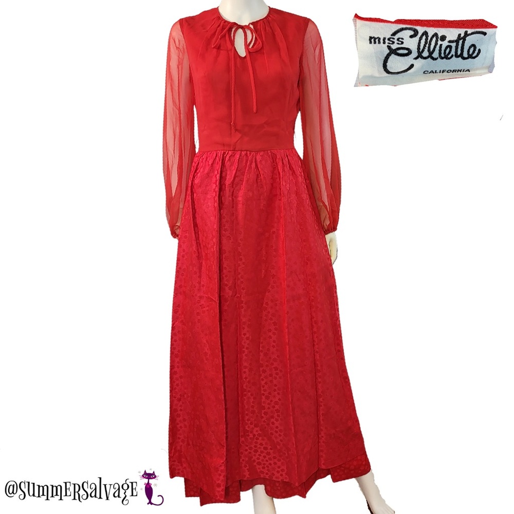 Miss Elliette Red Chiffon Floral Jacquard Festive Maxi Ruffle Flounce Maxi dress